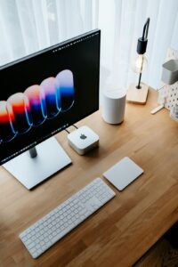 Computer setup with monitor, keyboard, and mouse.